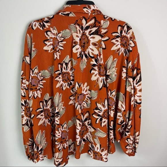 Free People Floral Button Down Shirt - Orange and White - Picture 5 of 16